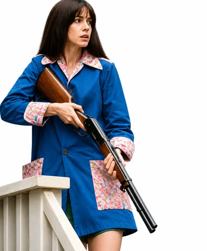 Anne Hathaway The End of Oak Street 2026 Floral Blue Coat