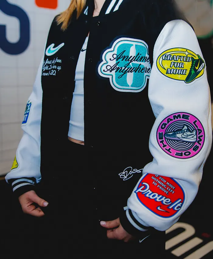 Any Time Any Where Nike Sabrina Ionescu Varsity Jacket Left View