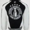 Back View of Carolina Hurricanes National Hockey League Lord Stanley Black Varsity Jacket