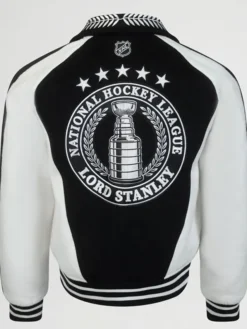 Back View of Carolina Hurricanes National Hockey League Lord Stanley Black Varsity Jacket