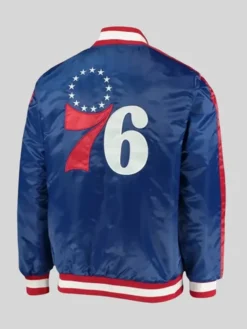 Back View of NBA Philadelphia 76ers Sixers Starter Blue Satin Varsity Jacket