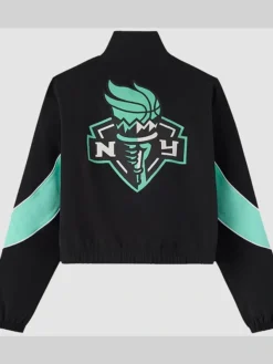 Back View of OVO x WNBA Team New York Liberty Black And Sky Blue Jacket