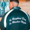 Back view of Aaron Pierre Custom Green Leather Varsity Jacket in vibrant green