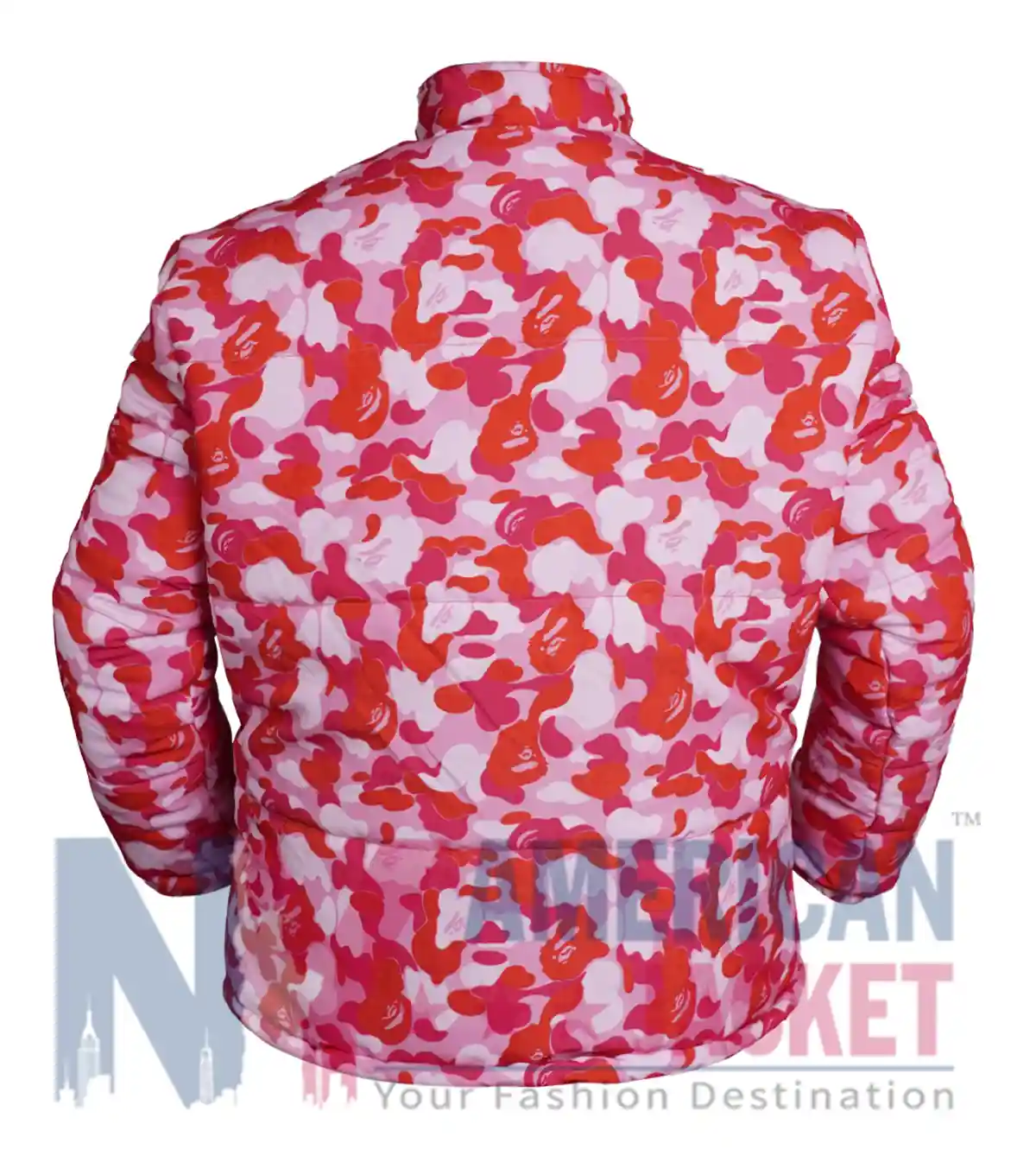 Back view of American Rapper Juice Wrld Pink Camo Parachute Puffer Jacket