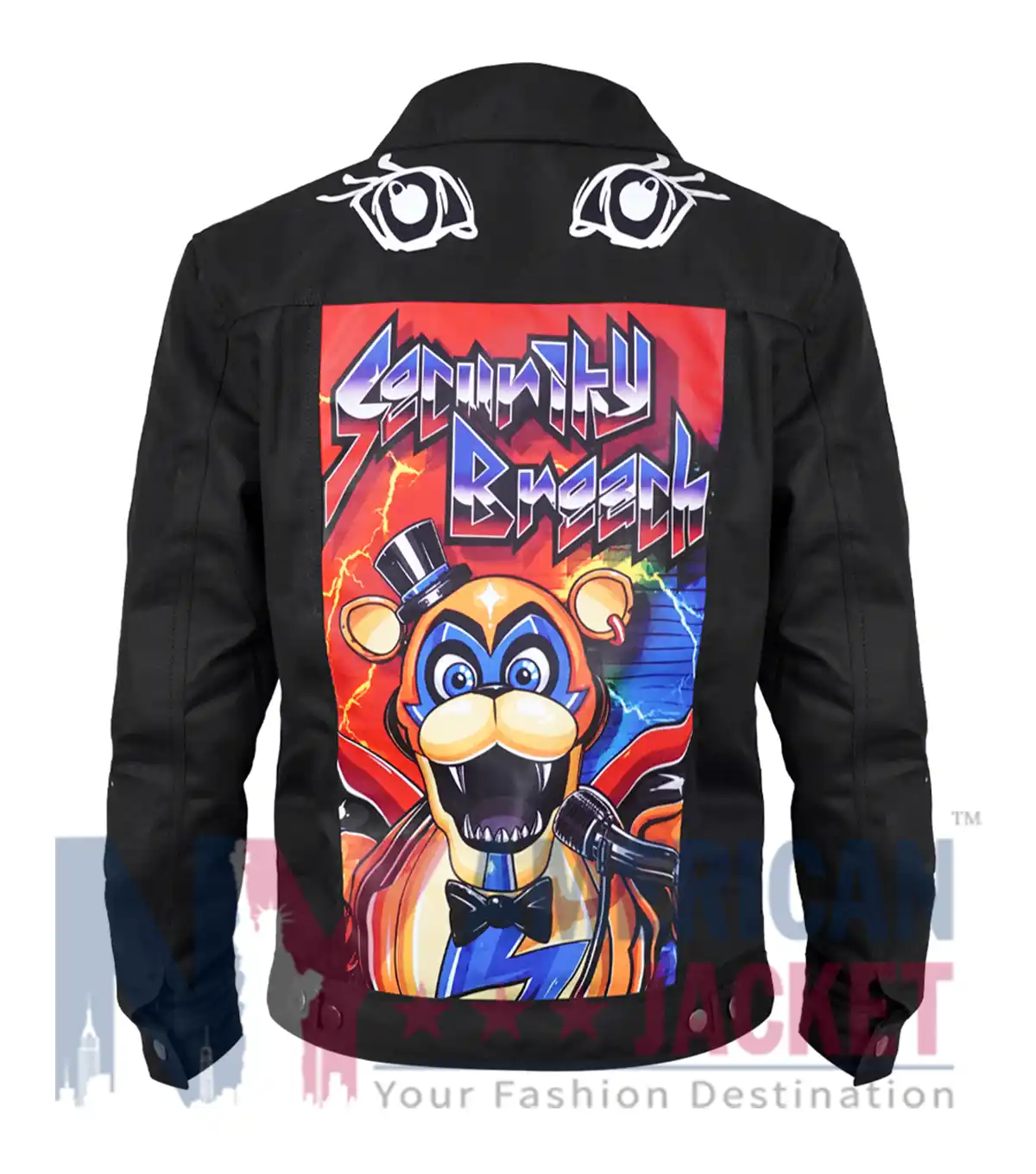 Back view of Glam Rock Freddy Five Nights At Freddy’s Security Breach Black Denim Jacket