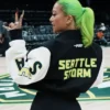 Back view of Kayce Kirihara WNBA Seattle Storm Team Cropped Jacket with rib-knit collar and cuffs