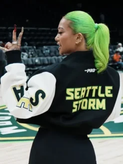 Back view of Kayce Kirihara WNBA Seattle Storm Team Cropped Jacket with rib-knit collar and cuffs