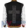 Back view of Lady Gaga Monster Studded Varsity Jacket in black and off-white