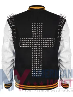 Back view of Lady Gaga Monster Studded Varsity Jacket in black and off-white