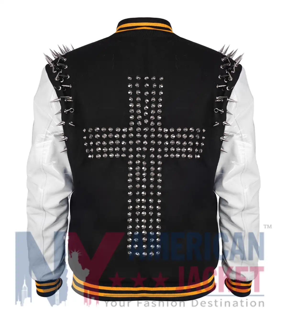 Back view of Lady Gaga Monster Studded Varsity Jacket in black and off-white