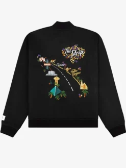 Back view of Las Vegas Black Satin Bomber Jacket with rib-knit detailing