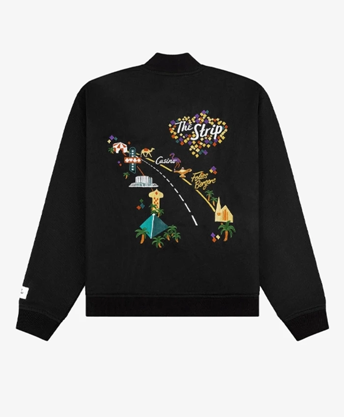 Back view of Las Vegas Black Satin Bomber Jacket with rib-knit detailing