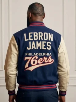 Back view of LeBron James Philadelphia 76ers Custom Varsity Letterman Jacket