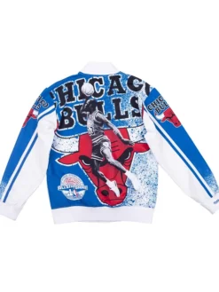 Back view of Mitchell & Ness x Jordan Chicago Bulls 1988 Dunk Champ White Jacket