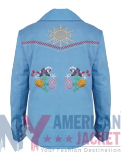 Back view of Monica Dutton Yellowstone Kelsey Asbille Blue Denim Floral Shirt