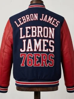 Back view of NBA Philadelphia 76ers LeBron James Custom Varsity Jacket