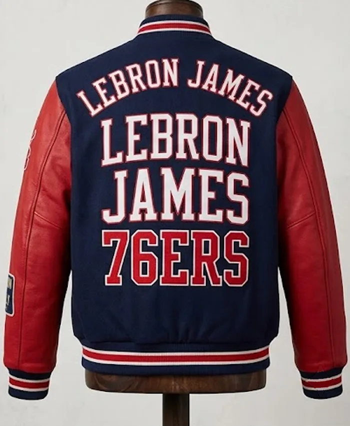 Back view of NBA Philadelphia 76ers LeBron James Custom Varsity Jacket