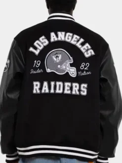 Back view of NFL Los Angeles Raiders World Champs Black Varsity Jacket