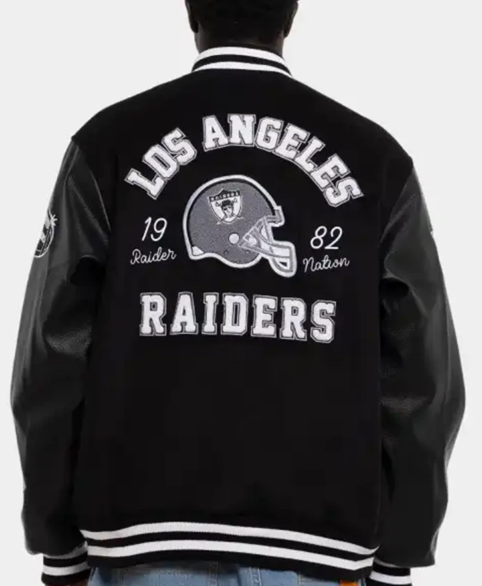 Back view of NFL Los Angeles Raiders World Champs Black Varsity Jacket