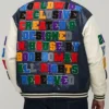 Back view of Oversized Fit Badge Applique PU Bomber Jacket featuring accents
