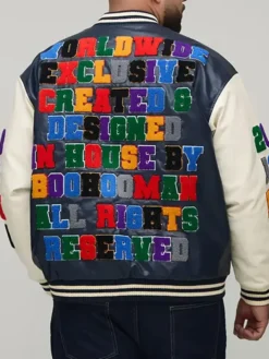 Back view of Oversized Fit Badge Applique PU Bomber Jacket featuring accents