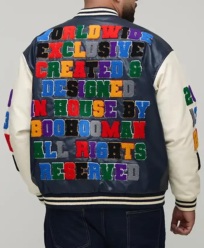 Back view of Oversized Fit Badge Applique PU Bomber Jacket featuring accents