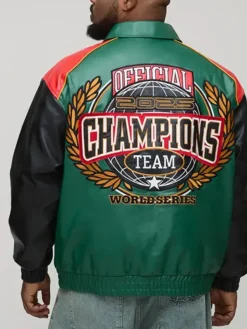 Back view of Oversized Fit Homme Applique PU Collared Bomber Jacket design
