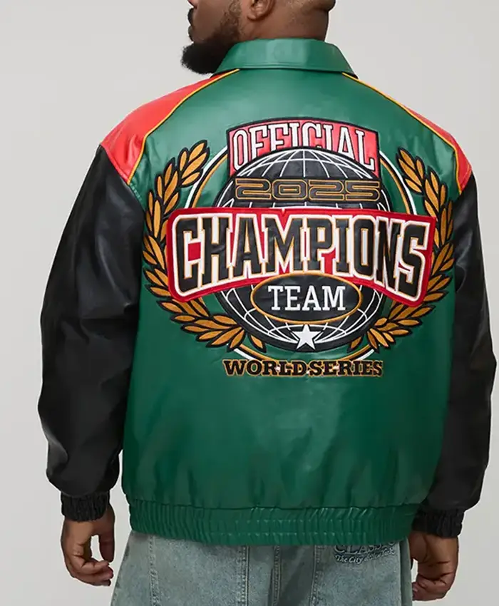 Back view of Oversized Fit Homme Applique PU Collared Bomber Jacket design