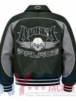 Back view of Palace Skateboards x Avirex Fall Autumn 2026 Green Leather Jacket
