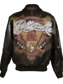 Back view of Pelle Pelle 47th Anniversary Black Genuine Leather Varsity Jacket design