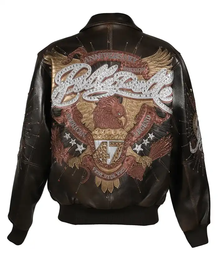 Back view of Pelle Pelle 47th Anniversary Black Genuine Leather Varsity Jacket design