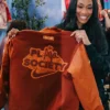 Back view of Playa Society x Nike A'ja Wilson Brown Wool Varsity Jacket