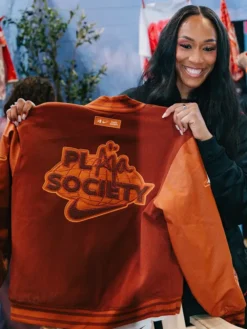 Back view of Playa Society x Nike A'ja Wilson Brown Wool Varsity Jacket