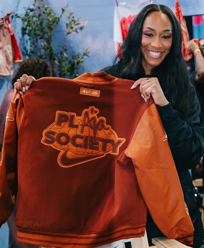 Back view of Playa Society x Nike A'ja Wilson Brown Wool Varsity Jacket