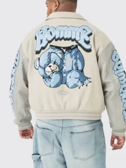 Back view of Plus Boxy Teddy Applique Bomber Jacket featuring teddy details