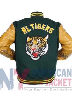 Back view of RL Polo Tiger Varsity Jacket with classic varsity design and full-length sleeves