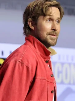 Back view of Ryan Gosling Marvel SDCC 2026 Red Cotton Jacket in vibrant red