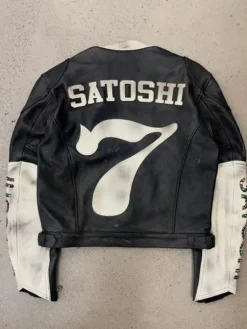 Back view of Satoshi Nakamoto Black Real Leather Moto Jacket with cafe racer design