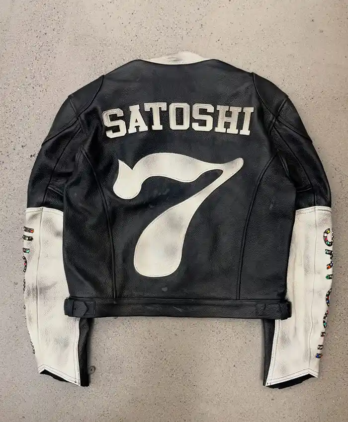 Back view of Satoshi Nakamoto Black Real Leather Moto Jacket with cafe racer design