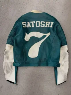 Back view of Satoshi Nakamoto Green Real Leather Moto Jacket with racer design