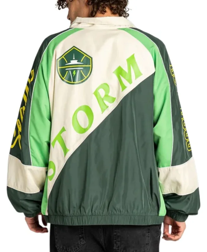 Back view of Seattle Storm Wild Collective Oversized Track Jacket oversized fit
