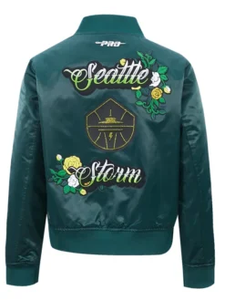 Back view of Seattle Storm Women's Ink And Bloom Satin Jacket with artwork