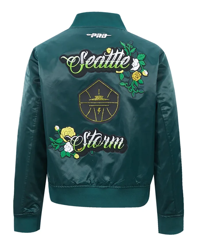 Back view of Seattle Storm Women's Ink And Bloom Satin Jacket with artwork