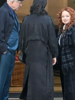 Back view of Selena Gomez Only Murders In The Building Black Cotton Trench Coat