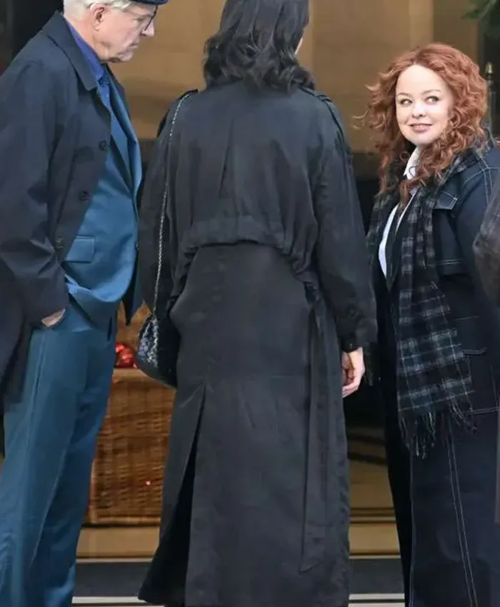 Back view of Selena Gomez Only Murders In The Building Black Cotton Trench Coat