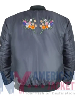 Back view of Survival Of The Thickest Season 1 Michelle Grey Satin Bomber Jacket