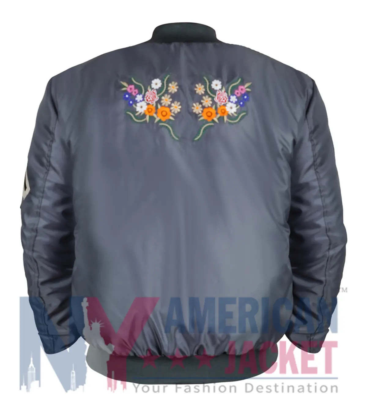 Back view of Survival Of The Thickest Season 1 Michelle Grey Satin Bomber Jacket