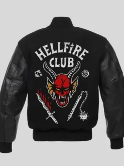 Back view of TV-Series Stranger Things Hellfire Club Black Varsity Jacket
