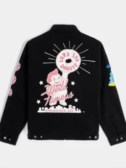 Back view of The Simpsons x Shoe Palace Donuts Black Work Bomber Jacket