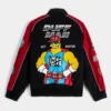 Back view of The Simpsons x Shoe Palace Duff Man Black and Red Racing Bomber Jacket